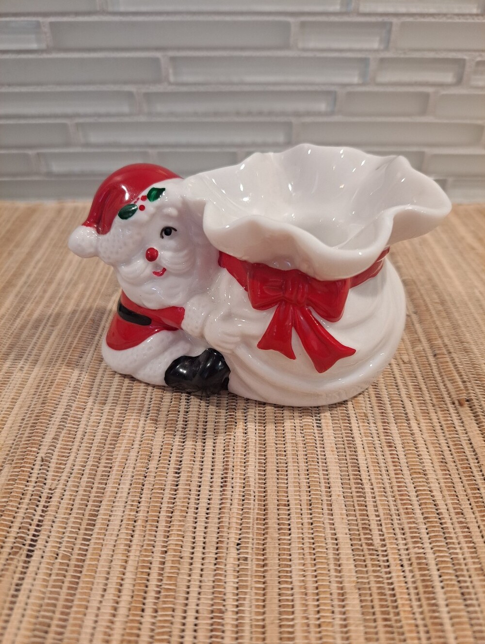 Vtg Santa Candlestick Holder Christmas Gift Sack Winking SANTA